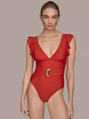 NWT Donna Karan Red Women's Belted Flutter-Sleeve One-Piece Swimsuit Size M